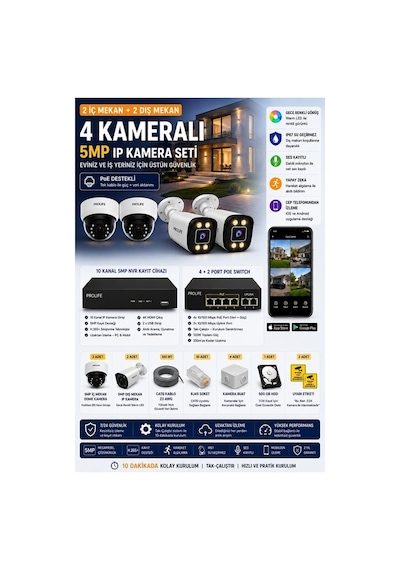 4 Kameralı 2 İç 2 Dış 5 Mp Ip Kamera Seti Poeli Gece Renkli Ses Kayıtlı Yapay Zeka Destekli Tak-çalıştır Kuruluma Hazır Sistem