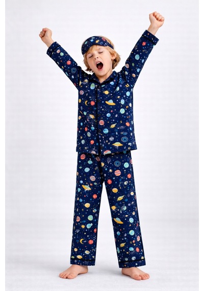 Beka Kids Desenli Uzun Kollu Önden Düğmeli Gömlek Yaka Erkek Çocuk Pijama Takımı Ve Göz Bandı Lacivert Beka Kids Desenli Uzun Kollu Önden Düğmeli Gömlek Yaka Erkek Çocuk Pijama Takımı Ve Göz Bandı Lacivert