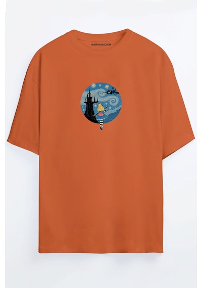 Alice Baskılı Unisex Siyah - Beyaz -turuncu - Bej Oversize T-shirt Turuncu