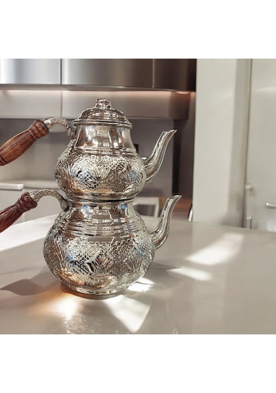 Bakır Çaydanlık & Bakır Demlik Çiçek Desenli Bakır Çaydanlık Büy Gümüş