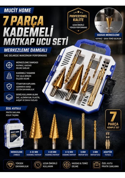 7 Parça Merkezleme Damgalı Kademeli Matkap Ucu Sac Delme Seti Özel Kutulu