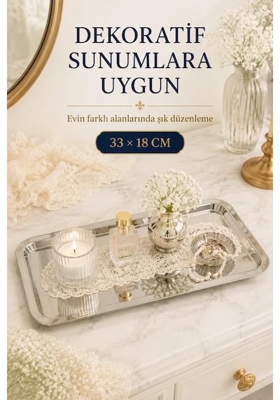 Premium Paslanmaz Çelik Sunum Tepsisi 33x18 Cm Şık Dikdörtgen Çay Kahve Servis Tepsisi Gümüş