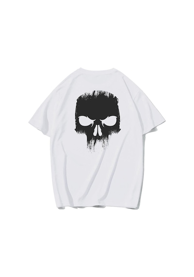 Brz Collection Unisex Ön Ve Arka Baskılı Oversize Angry Skull T-shirt-beyaz Beyaz
