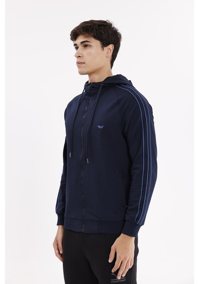 Rowinger Çift Şerit Kol Detaylı Tam Fermuarlı Cepli Rahat Kalıp Ayarlanabilir Kapüşonlu Sweatshirt Navyblue