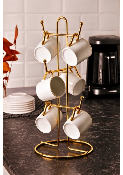 Metal Kupa Askılığı 6 Lı Gold Fincan Standı, Tezgah Üstü Bardak Tutucu Sunumluk Altın