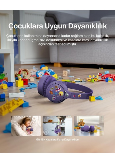 Belkin Soundform Mini Kablosuz Çocuk Kulaklığı, Entegre Mikrofonlu Ve Eğlenceli Çıkartmalı, 30 Saat Oynatma Ders, Tatil, iPhone, Apple iPad Uyumlu, Galaxy İçin Kulak Üstü Kulaklık, Lila