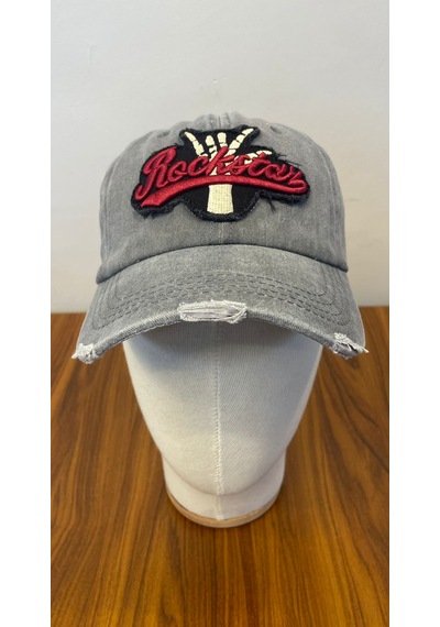Rockstar Nakışlı Yıkamalı Eskitme Vintage Cap Şapka Gri