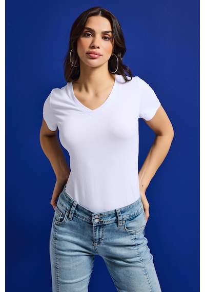 Itsbasic Kadın Beyaz S6-2 V Yaka %100 Organik Pamuk Esnek Kumaş T-shirt
