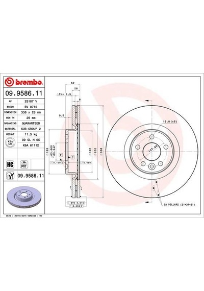 Brembo 09958611 Ön Fren Dısk Aynası Havalı Volvo S60 Iı 10 15 S80 Iı 06 V60 I 11 15 V70 Iıı 07 15 Xc70 Iı 09 15 336cm Cap 30769057-30736313 -