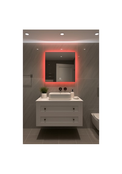 Digital Hayat Dokunmatik Dimlenebilir Kırmızı Led Işıklı Kare Ayna Dekoratif Banyo Makyaj Aynası 50cm - 80cm Kırmızı