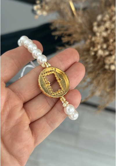 Gram Altınlık Yuvarlak İşlemeli İncili Bileklik Çok Renkli