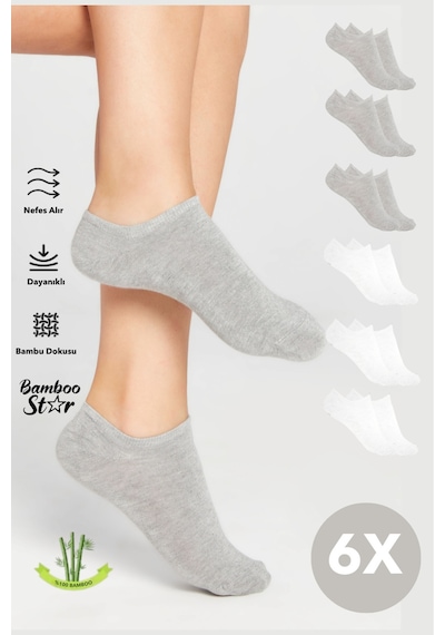 Bamboo Star Bambu Kadın Sneaker 3 Gri - 3 Beyaz Çorap Dikişsiz Bilekte Görünmez Spor Çorap Premium 6'lı Paket Beyaz - Gri