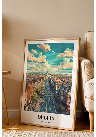 Dublin Ireland Vintage Seyahat Posteri Çerçeveli Tablo - Premium Şehir Elit Duvar Dekoru Kayın