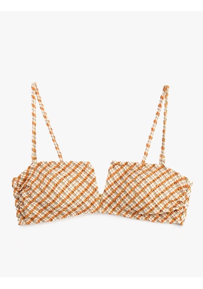 Koton Dokulu Ekose Straplez Bandeau Bikini Üstü Bej Desenli 6sak10192mm Ekru Desenli