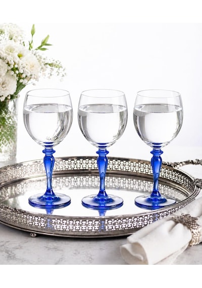 Mavi Ayaklı Kristal Şarap Kadehi, El Üfleme Cam, Şeffaf Gövde, 18 Cm Yükseklik, 3'lü Set Diğer