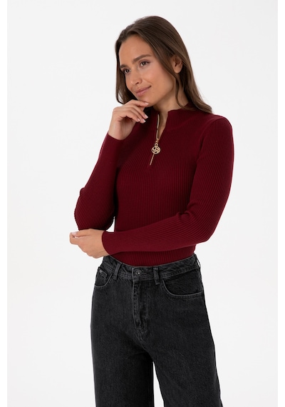 U.S. Polo Assn. Kadın Bordo V Yaka Fermuarlı Kazak 50316869-VR014