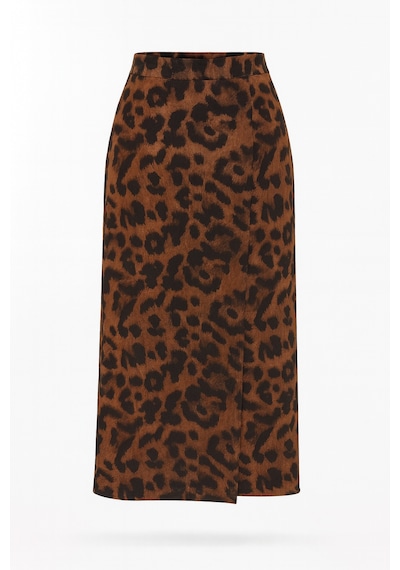 Mixray 4615 Kadın Yırtmaçlı Leopar Desen Kalem Etek Kahve