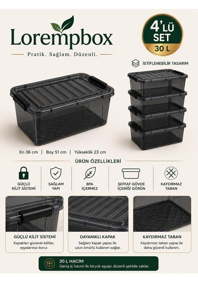 Tr Lorempbox 30 L Kilitli Antrasit Saklama Kutusu 4'lü Set Genel