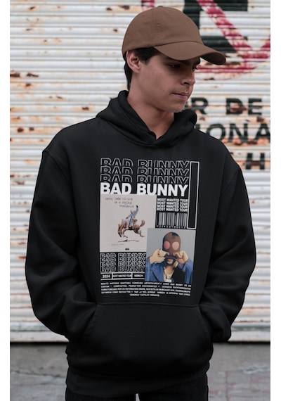 Sevbano Tasarım Bad Bunny Rapper Baskılı Unisex Oversize Şarkıcı Hoodie Siyah