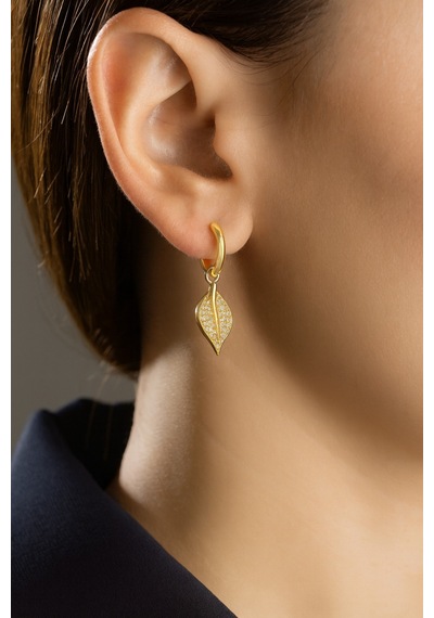 Çekirdekjewelry Işıklı Hediye Kutulu 925 Gümüş Gümüş Yaprak Tasarım Küpe Sarı