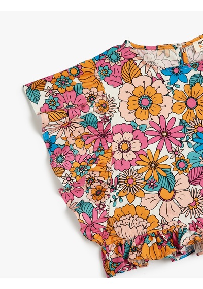 Koton Crop Bluz Kolsuz Fırfırlı Çiçek Desenli Pamuklu Ekru Desenli 4skg60194aw Ekru Desenli Ekru