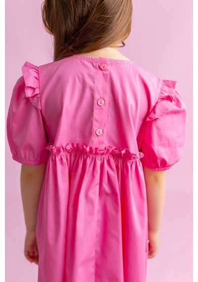 Oliventhekid Robadan Fırfır Büzgülü Kolları Lastikli Poplin Kız Çocuk Elbise Pembe Pembe