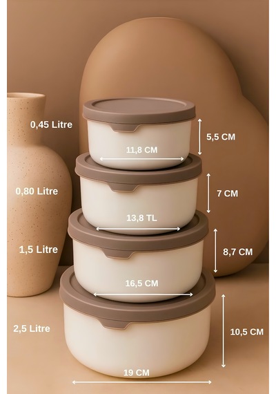 Yuvarlak Saklama Kabı Seti 0,45ml -0,8ml-1.5l-2.5l Bej