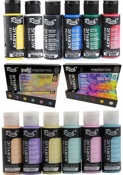 Rich Mastermix Akrilik Boya 12 Renk 60 Ml 1 Paket Pastel Ve Ana Renkler Akrilik Boya 12 Li Profesyonel Tuval Canvas Çok Renkli