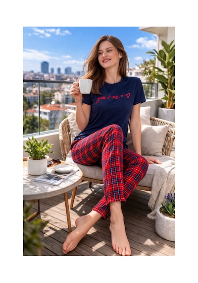 Rindahomewear Kısa Kol Pijama Takımı Kadın Milan Kalpli You+me Desen Lacivert
