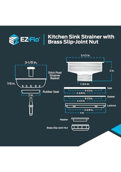 Ez-flo Mutfak Lavabo Süzgeci 30003, Pirinç Eklemli, Paslanmaz Çelik Sepet, 8.9-10.2 Cm Açıklık