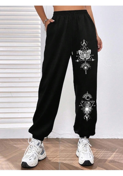 Butterfly Print Elastic Waist 4 Mevsim Eşofman Siyah