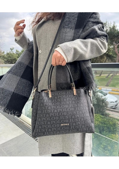 Just Polo Kadın Monogram Baskılı Orijinal El Ve Omuz Çantası Ayarlanabilir Askısıyla 2120mh Siyah