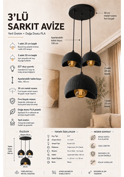 Beton Görünümlü 3'lü Sarkıt Avize Bohem Modern İskandinav Salon Yemek Masası Rustik Led Ampul Hediyeli Siyah