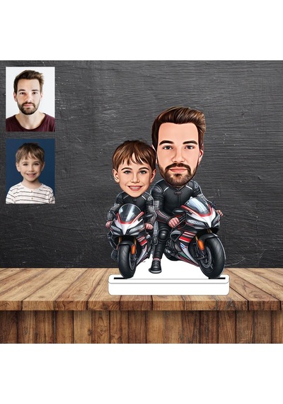 Motorcu Baba Ve Oğlu Karikatür Figürü,sevgiliye Hediye,d