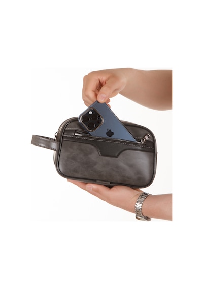 Newish Polo Crazy Desenli Suni Deri Portföy-clutch Traşlık Ve El Çantası Günlük, Seyahat Gri