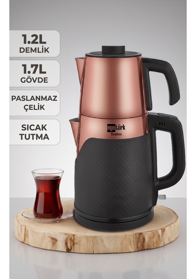 Egetürk Coverlı Elektrikli Çay Makinesi, Çaycı 2000w 1.7l Su Isıtıcı 1.2l Demlik Paslanmaz Çelik Rose