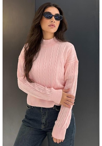 Madmext Pembe Yarım Balıkçı Yaka Örgülü Triko Kadın Kazak Mg2257 Pembe