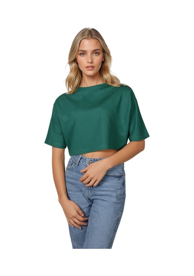 Koyu Yeşil Bisiklet Yaka Rahat Kalıp Yarasa Kol Pike Kadın Crop T-shirt Koyu Yeşil