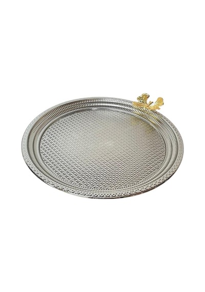 Metal Tepsi Gümüş Kelebekli Dekoratif Tepsi 25,5cm