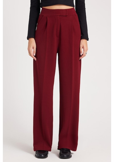 Tudors Kadın Regular Fit Klasik Kesim Cırt Kapamalı Geniş Paça Bordo Pantolon-39576 Bordo