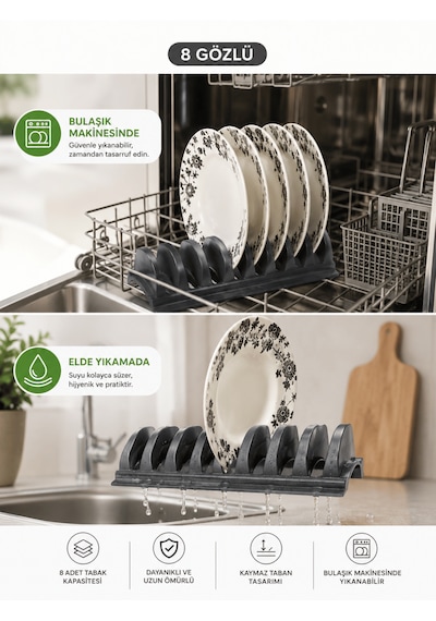 Beylini Tezgah Üstü 8'li Tabaklık Kurutmalık Stand Dolap Çekmece İçi Tabak Organizeri Standı Bulaşık Düzenleyici 13x35 Cm Antrasit
