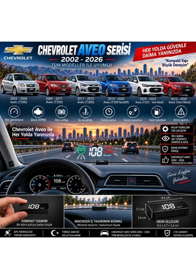 Chevrolet Aveo Serisi 2003-2026 Modeller İçin Head Up Display Hayalet Gösterge Ekranı Ön Cam Hız Göstergesi