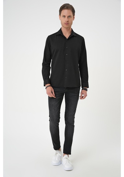 Efor Slim Fit Dokulu Erkek Yaka Pamuklu Klasik Siyah Gömlek Gk 740 Siyah