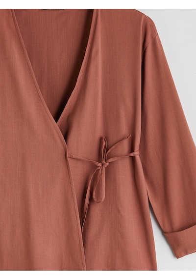 Lcw Modest Kahverengi Kruvaze Yaka Keten Karışımlı Kadın Kimono