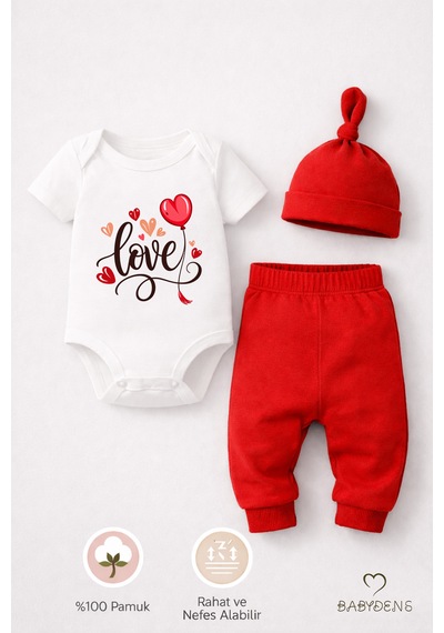 Babyden's Love Baskılı 3 Lü Bebek Takımı Kısa Kol Çıtçıtlı Body,pantolon Ve Şapka Set Kırmızı - Beyaz