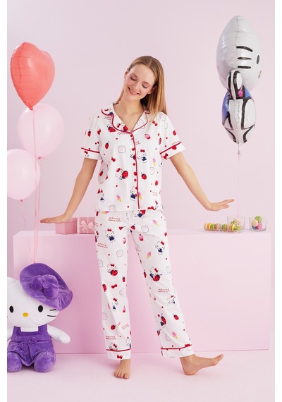 Siyah İnci Lisanslı %100 Pamuk Çok Renkli Düğmeli Biyeli Pijama Takım Hk056 Beyaz