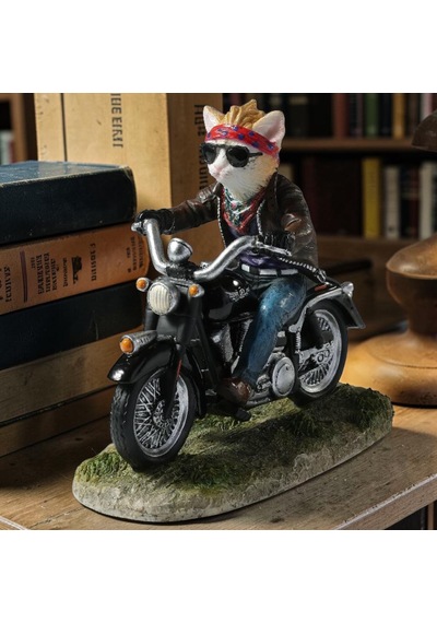 Dekoratif Motorsikletli Kedi Biblo Wise Veronese Poliresin Eğlenceli Figür 14 Cm .