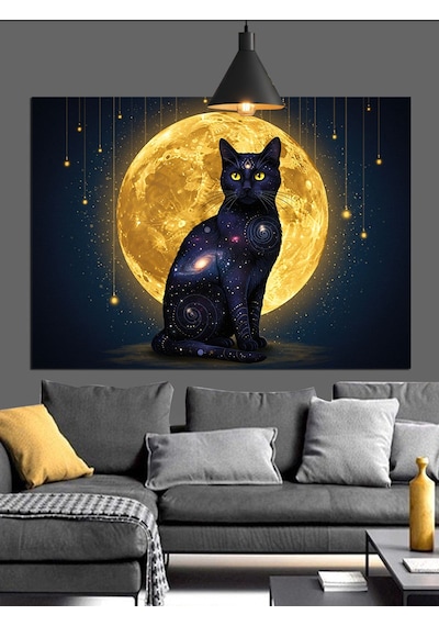 Siyah Kedi Dolunay Işığı Dekoratif Kanvas - Mdf Ahşap Tablo