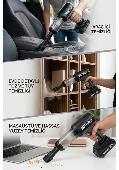 Steiner 21v Çift Akülü 20.000pa Güçlü Portatif Taşınabilir Vakumlu Kablosuz Üfleme Özellikli Mini Araç Süpürgesi Çantalı 20000 Pa