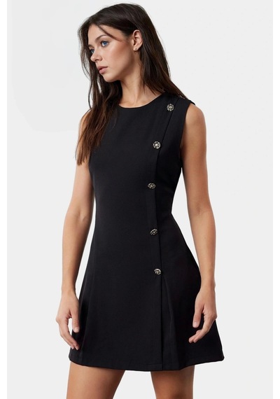 Ersefa Kısa Mini Elbise Bisiklet Yaka A Line Kesim Dokuma Polyester Kuma Siyah